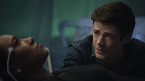Grant Gustin and Candice Patton as Barry Allen and Iris West in The Flash.