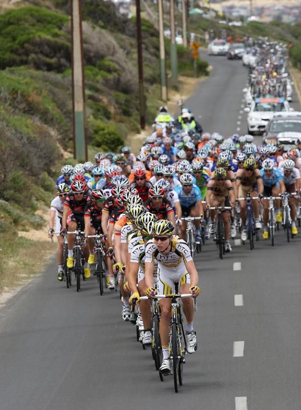 The HTC-Columbia team on the front of the chasing bunch.