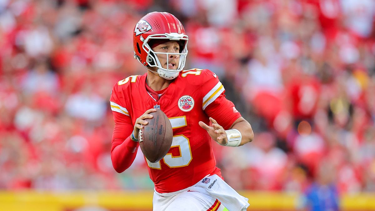 Patrick Mahomes #15 of the Kansas City Chiefs runs for yardage ahead of the Chiefs vs Falcons live stream