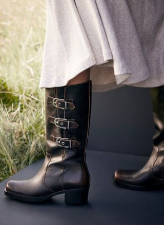 Brown long leather boots with buckle