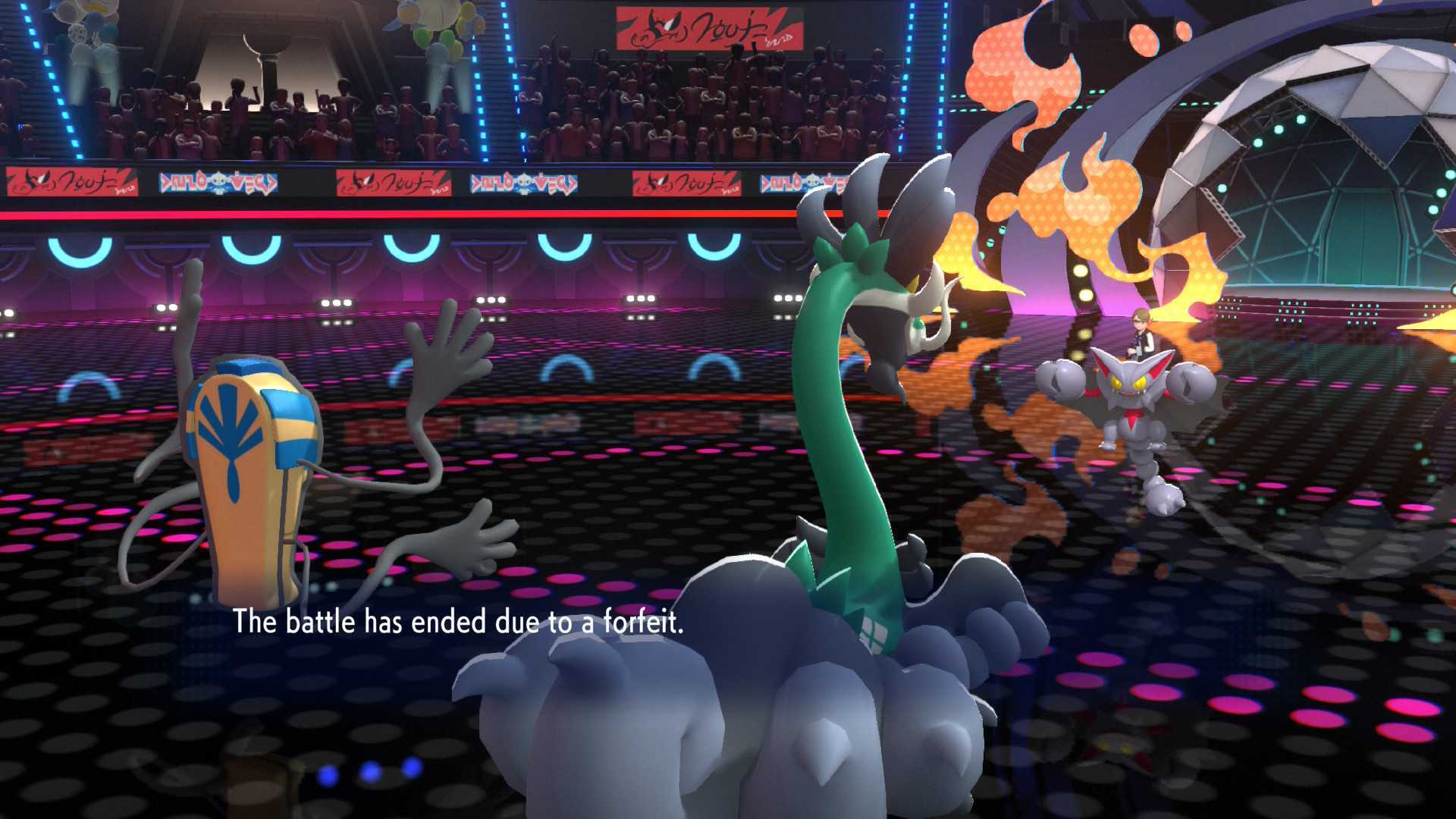 Pokemon Champions screenshot reads: "The battle has ended due to a forfeit."