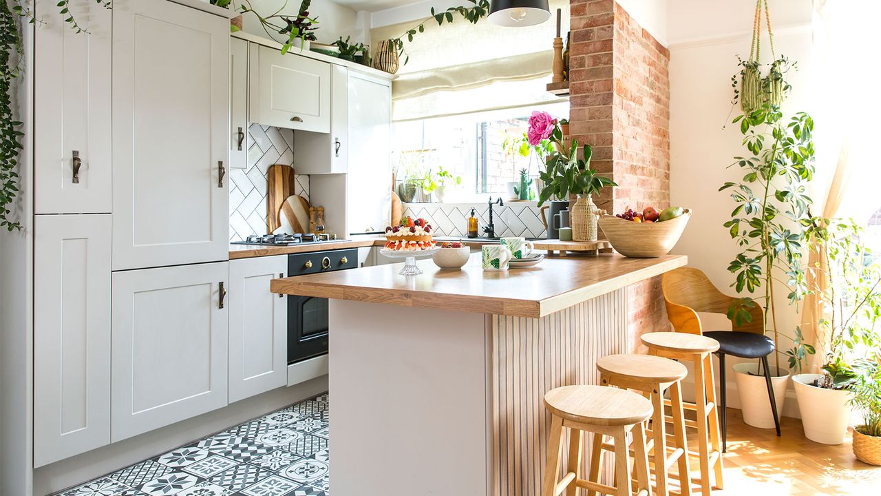 kitchen diner with island and wooden work tops 