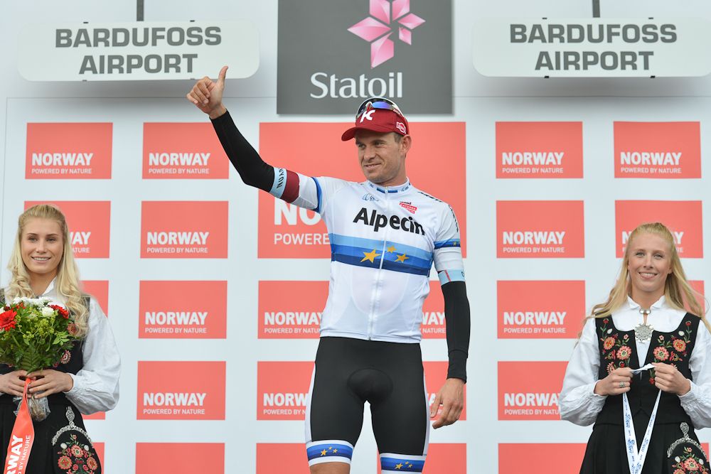 Alexander Kristoff on the podium after winning stage 2 at the Arctic Race of Norway