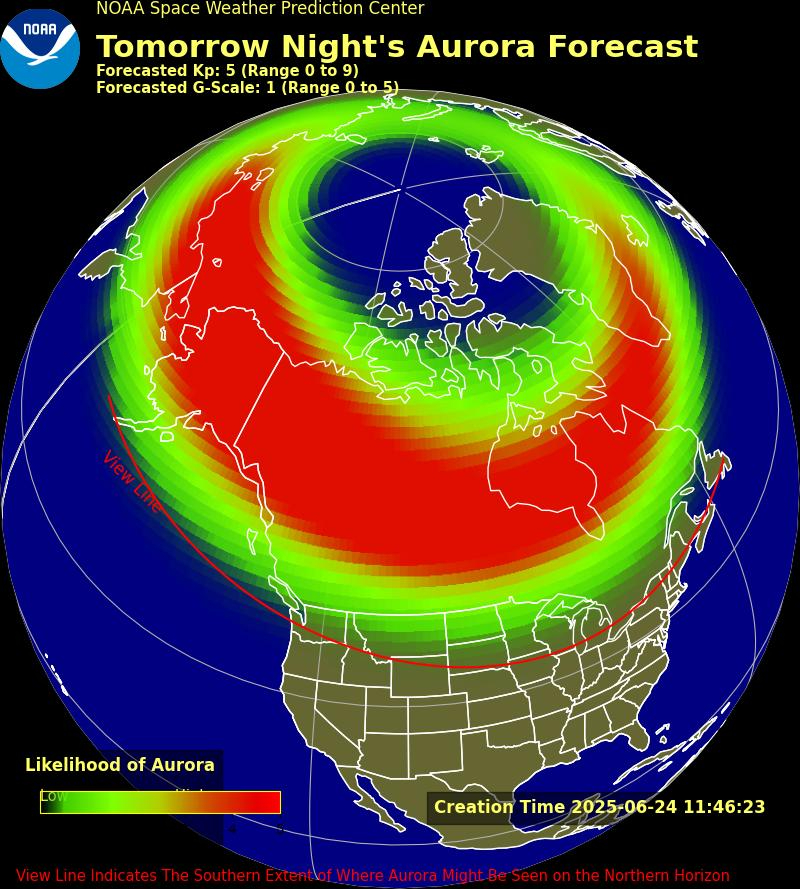 map showing the extent of the aurora forecast for June 25 across North America.