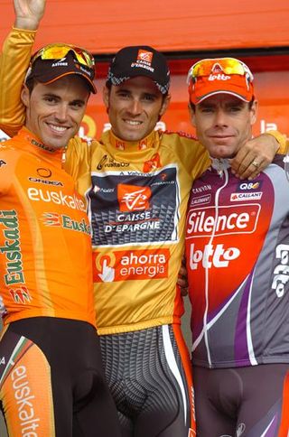 The final Vuelta 2009 podium: Samuel Sanchez (2nd), Alejandro Valverde (1st) and Cadel Evans (3rd)