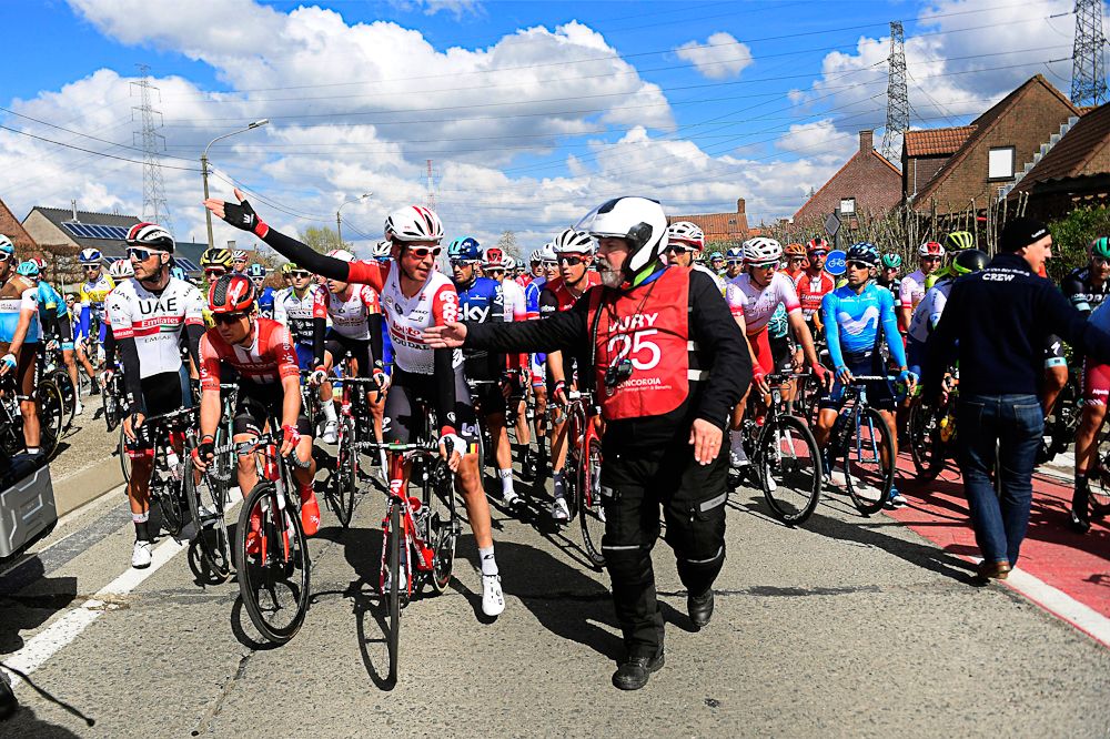 Brian Van Goethem (Lotto Soudal) shows his displeasure with organisers' decision to stop Dwars Door Vlaanderen
