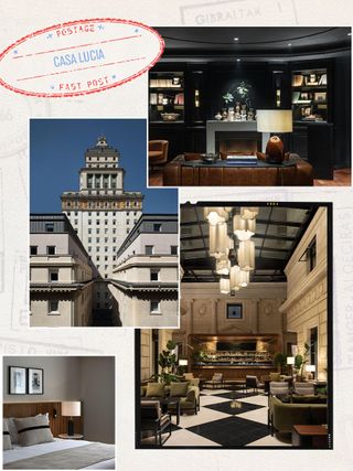 A collage of four images showing the interior and exterior of Casa Lucia in Argentina.