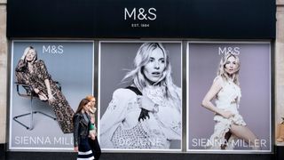 Large scale advertising poster featuring Sienna Miller outside the Marks & Spencer flagship store on Oxford Street on 13th June 2024