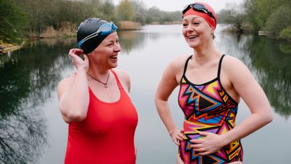 Woman smiling after having an outdoor swim