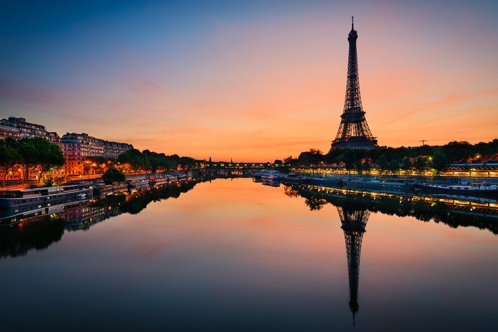 Sunrise at the Eiffel Tower in Paris.