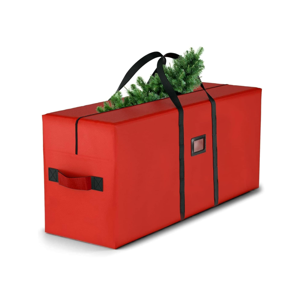 Large Christmas Tree Storage Bag with Christmas tree poking through the zip