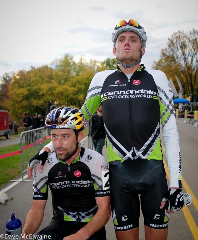 "Tree Farm" Ryan Trebon cutting up at the finish with team-mate Tim Johnson