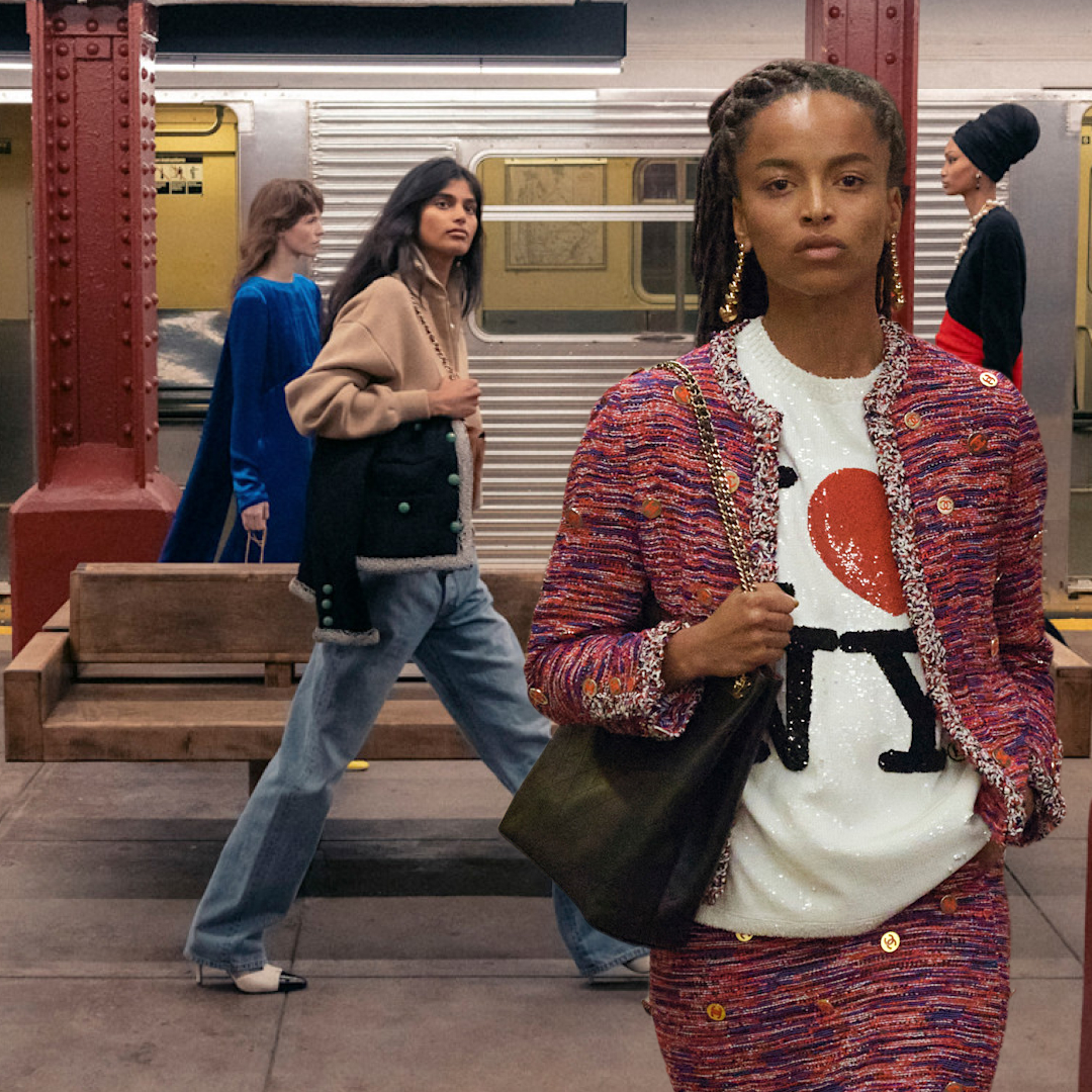 models in the chanel metiers d art show on the new york city subway