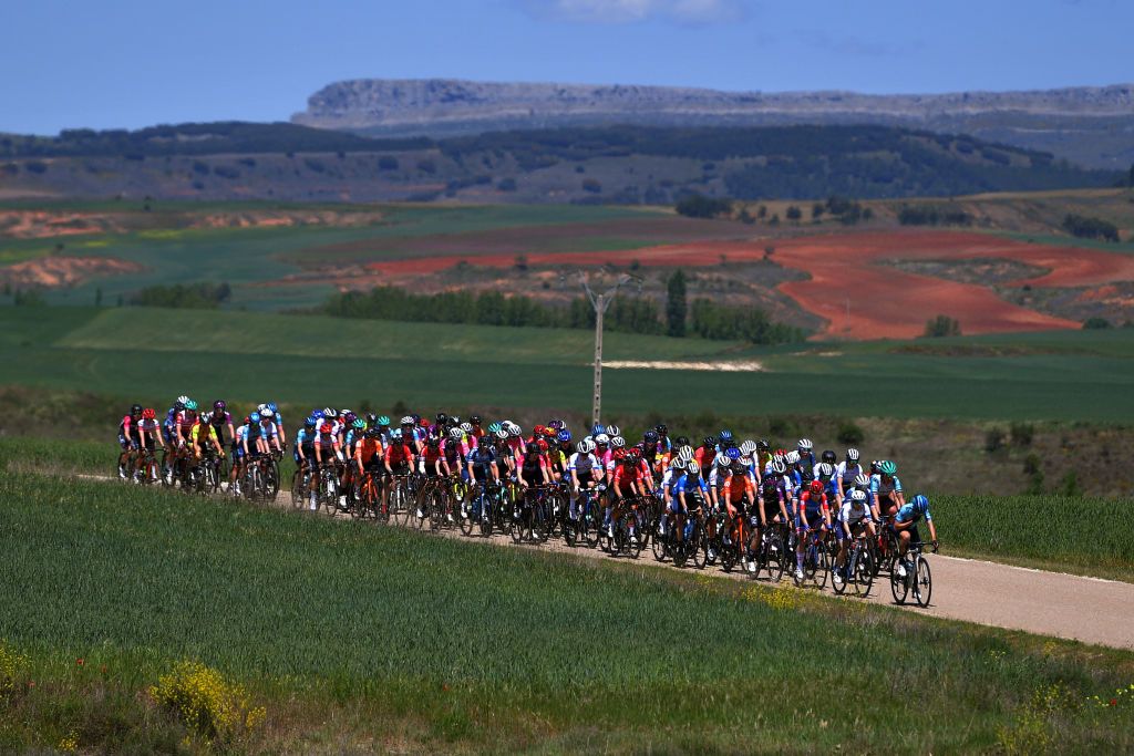 SARGENTES DE LA LORA SPAIN MAY 20 The peloton during the 6th Vuelta a Burgos Feminas 2021 Stage 1 a 100km stage from Villadiego to Sargentes de la Lora 1013m Landscape VueltaBurgos BurgosFem UCIWWT on May 20 2021 in Sargentes de la Lora Spain Photo by Luc ClaessenGetty Images
