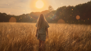 The image shows the silhouette of a woman with long hair standing in a field of tall grass, bathed in the golden light of the setting sun