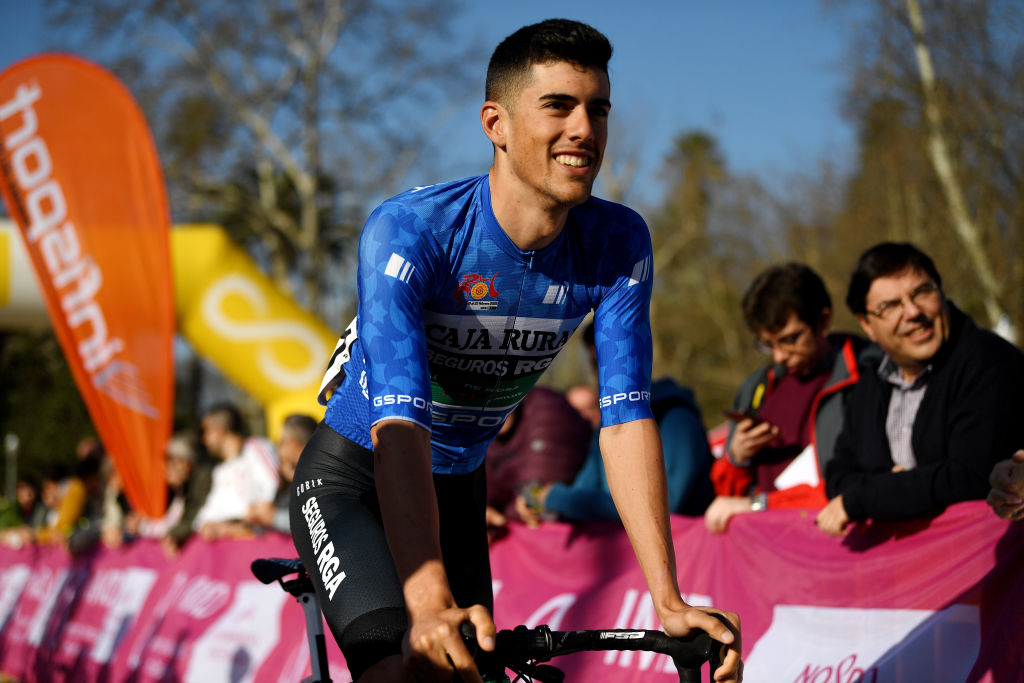 IZNJAR SPAIN FEBRUARY 20 Start Carmelo Urbano of Spain and Team Caja Rural Seguros RGA Blue Bonus Sprint Jersey during the 66th Vuelta a Andaluca Ruta del Sol 2020 Stage 2 a 1981km stage from Sevilla to Iznjar 527m VCANDALUCIA UCIProSeries on February 20 2020 in Iznjar Spain Photo by David RamosGetty Images
