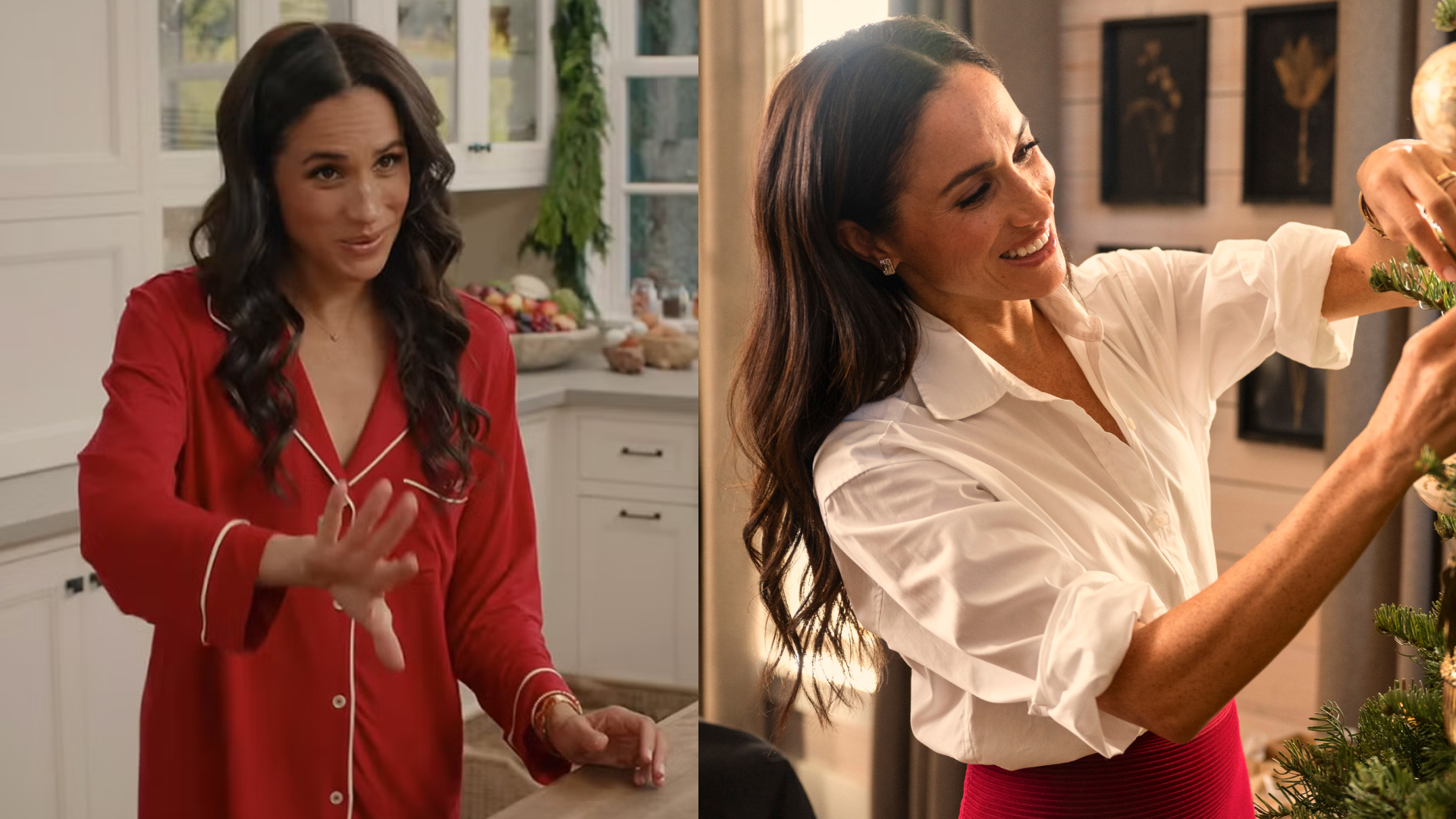 Meghan Markle wearing red pajamas; Meghan Markle wearing a white shirt and red skirt trimming a Christmas tree