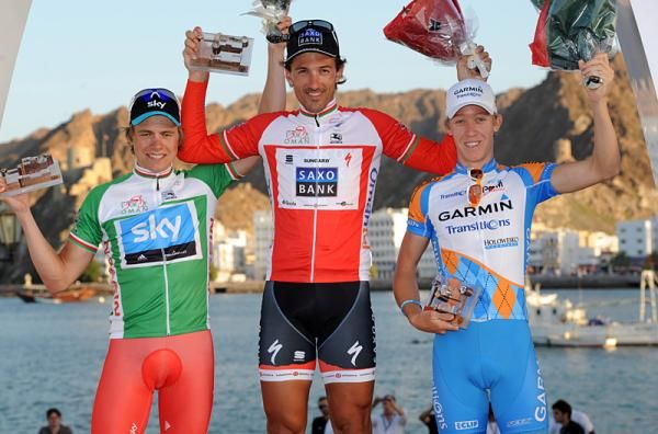 Fabien Cancellara (Saxo Bank) stands atop the overall podium in Oman.