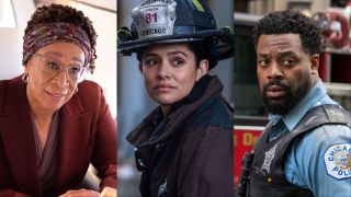Goodwin on a flight in Chicago Med, Kidd on the scene of a fire in Chicago Fire, and Atwater investigating a crime in Chicago PD