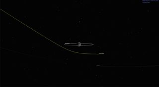 This NASA illustration shows the path of asteroid 2020 SW as it flies within 13,000 miles (36,000 kilometers) of Earth on Sept. 24, 2020.