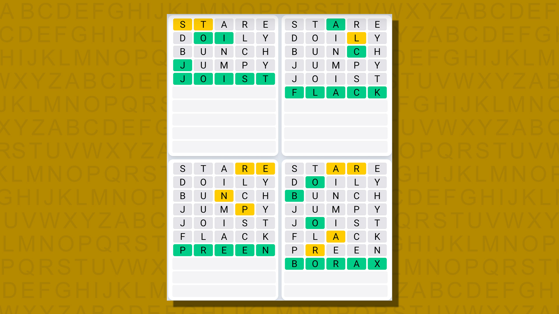 Ежедневная последовательность ответов Quordle для игры 742 на желтом фоне