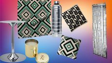 table, rug, candles and pillows in metallics and geometric patterns