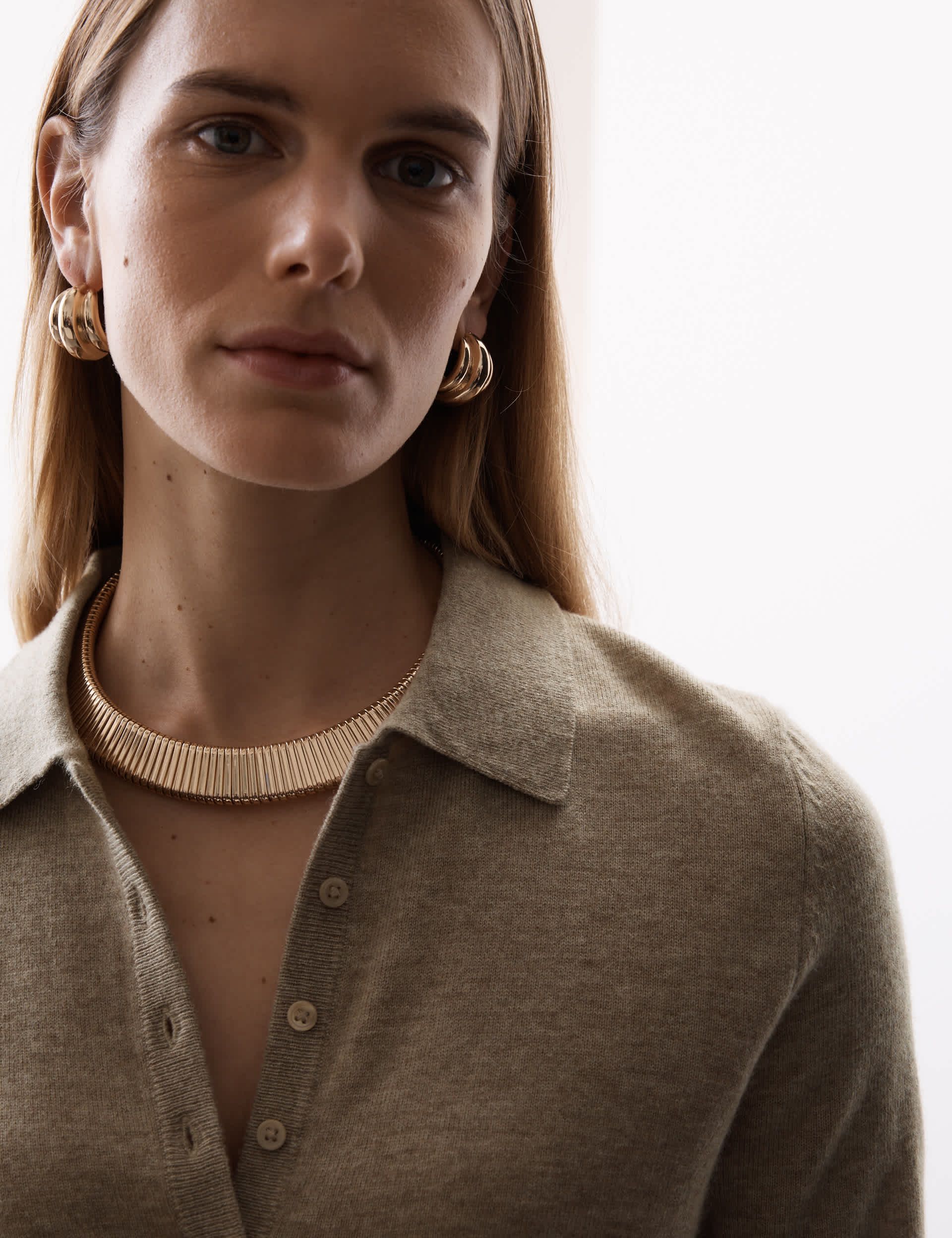 Merino Wool Rich Polo Neck Knitted Top With Cashmere