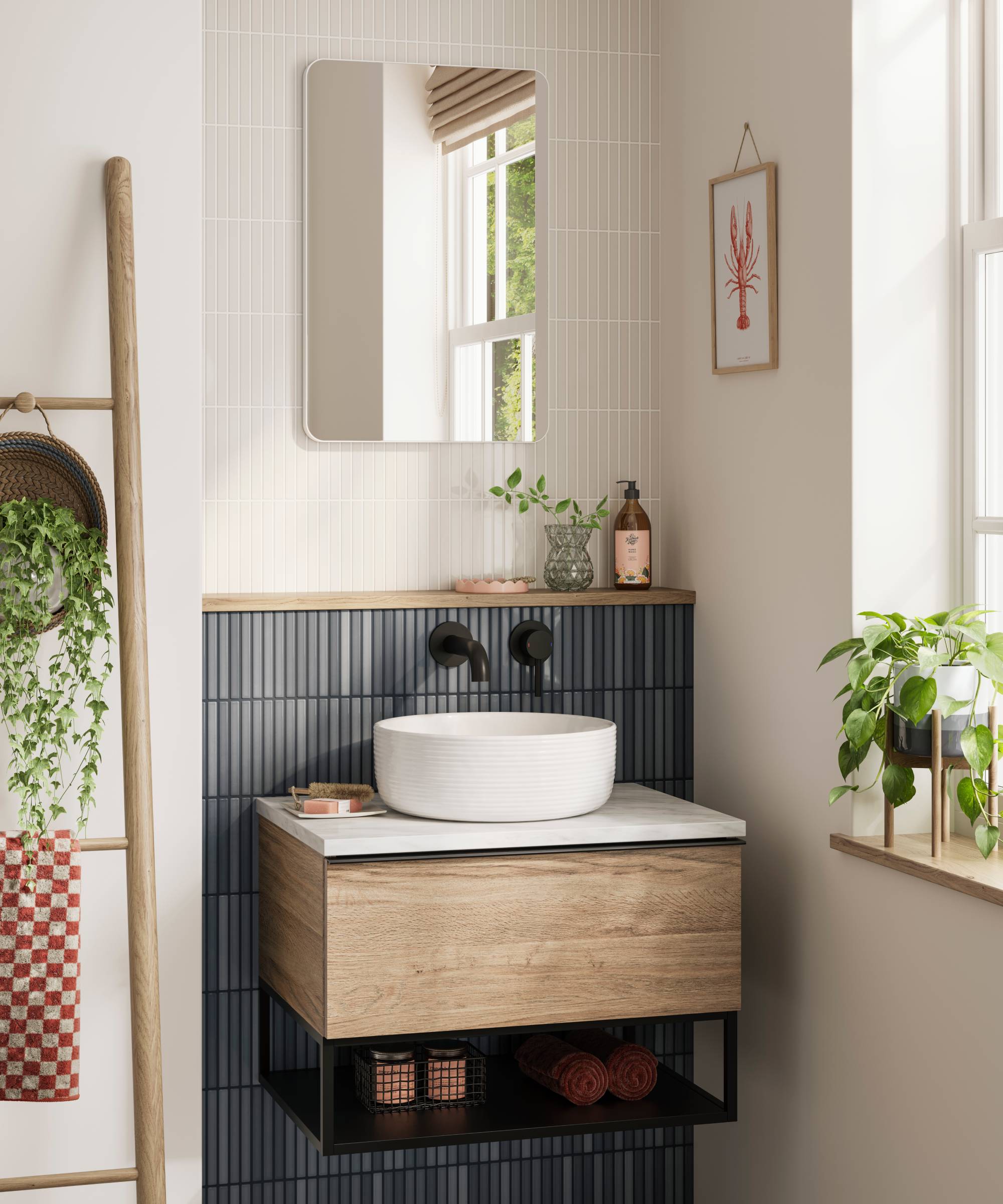 Pale wood vanity unit with charcoal tiles and ceramic basin