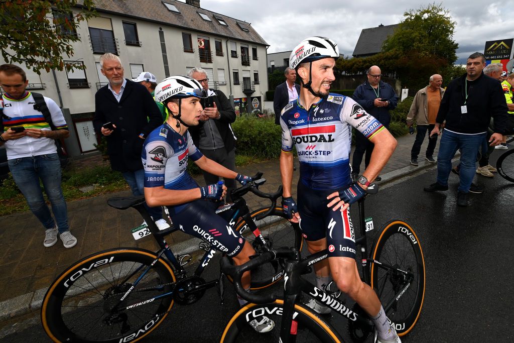 MAMER LUXEMBOURG SEPTEMBER 21 LR Andrea Bagioli of Italy and Julian Alaphilippe of France and Team Soudal Quick Step react after the 83rd Skoda Tour Luxembourg 2023 Stage 2 a 1839km stage from MondorflesBains to Mamer UCIWT on September 21 2023 in Mamer Luxembourg Photo by Tim de WaeleGetty Images
