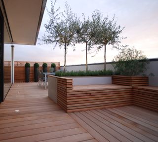 a deck with built in seating