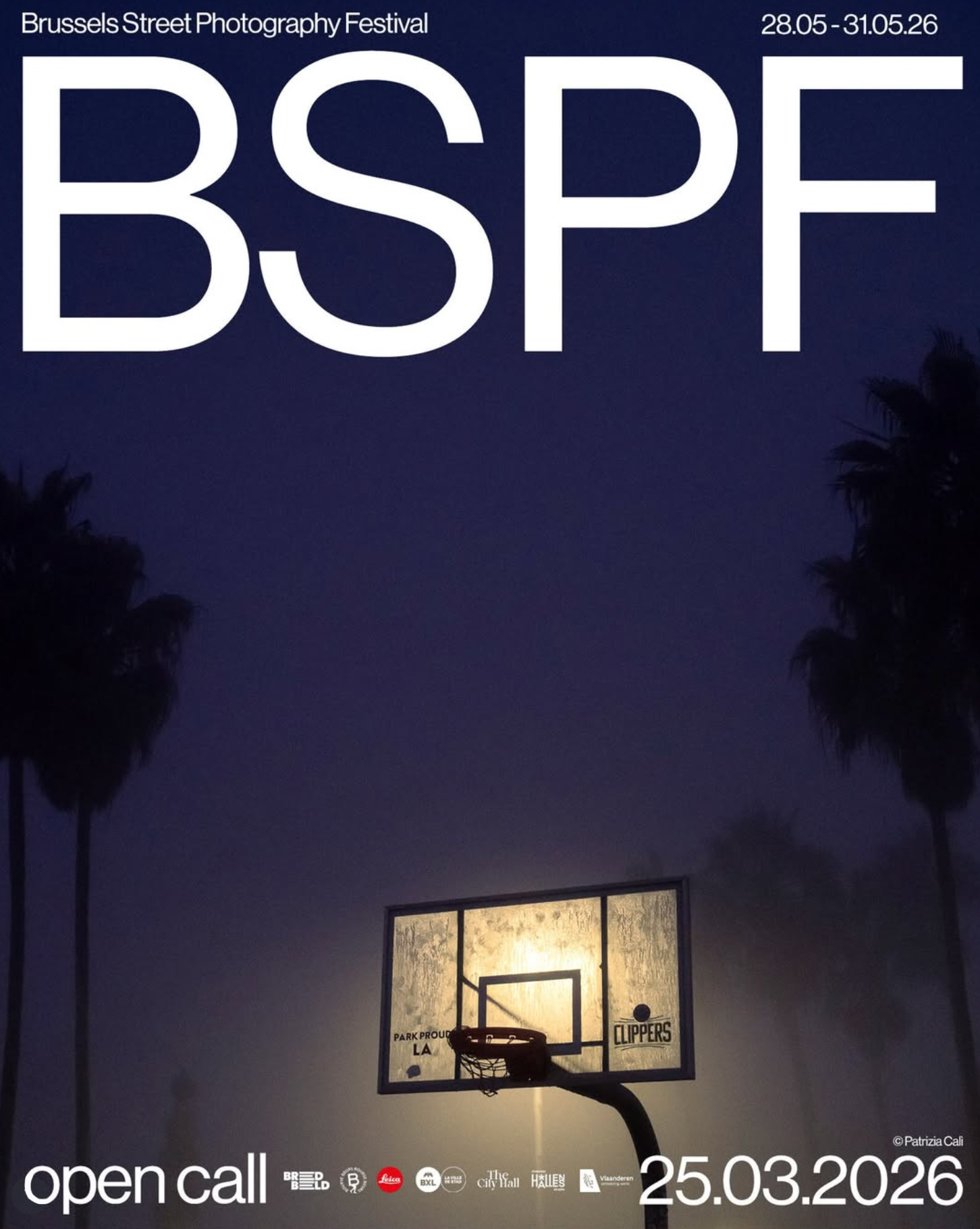 A lit basketball hoop silhouetted against a foggy night, promoting the Brussels Street Photography Festival, May 28-31, 2026