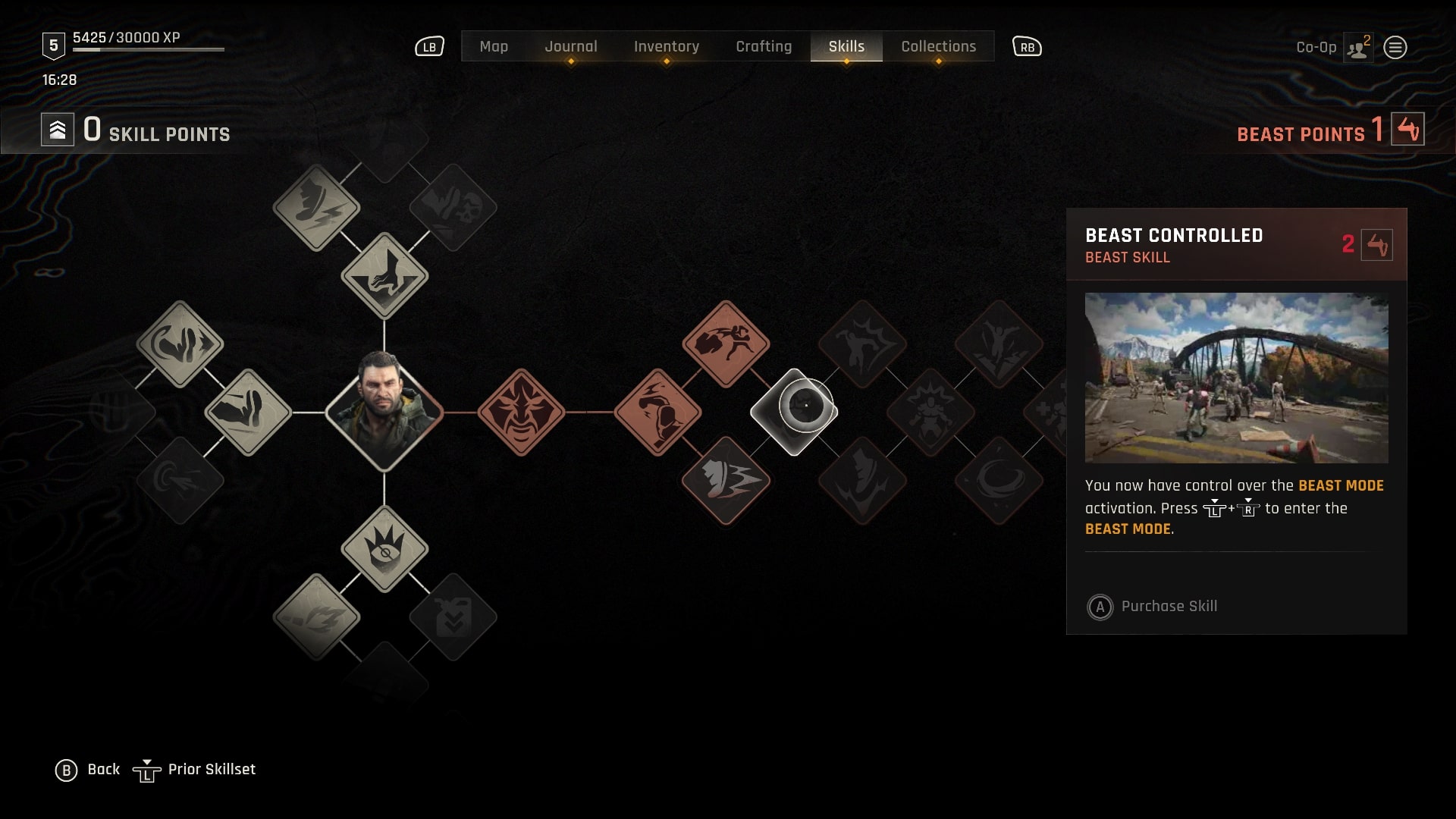 Dying Light: The Beast screenshot of Kyle&#039;s skill tree, with a Beast skill highlighted on the right hand side