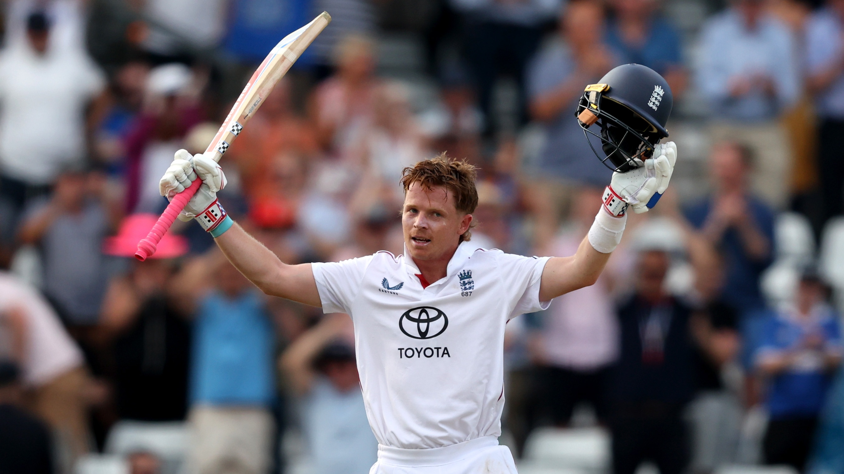 Ollie Pope celebrates his century against India on Day 2.