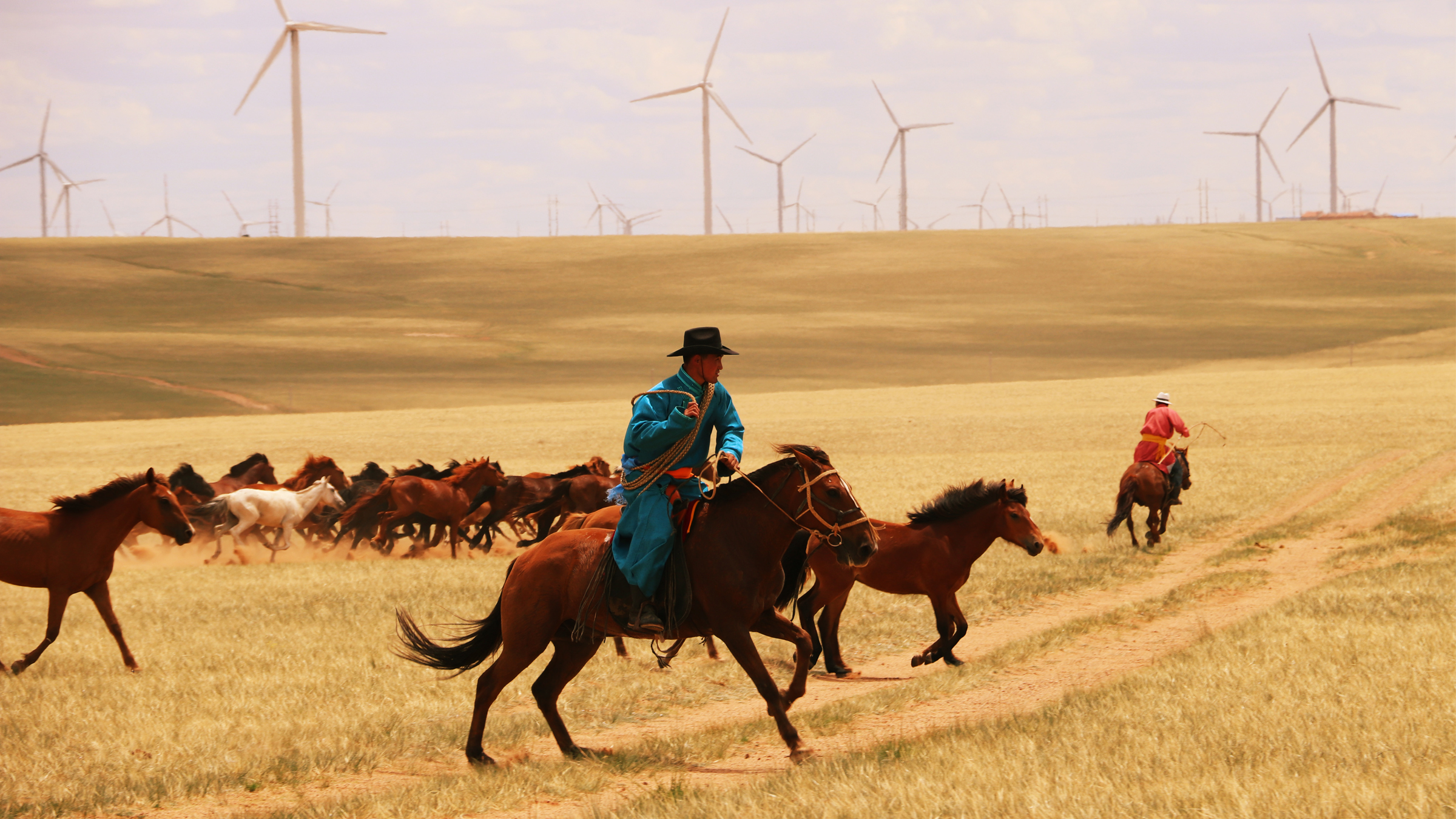 Um homem com uma túnica azul e um chapéu de cowboy anda a cavalo enquanto pastoreia outros cavalos em uma planície gramada da Mongólia Interior.