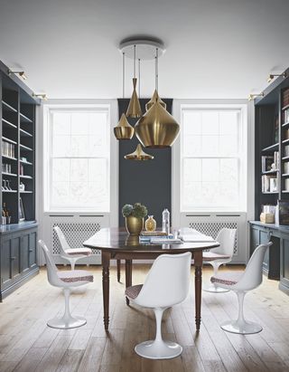 A dining room with built in storage