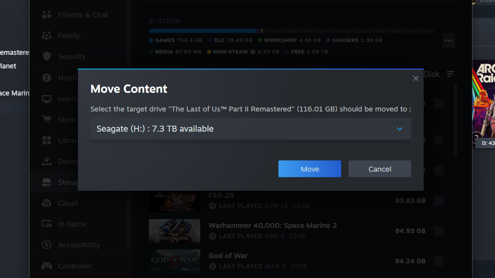 A screenshot of Steam, showing part of the process behind moving a library game between storage locations