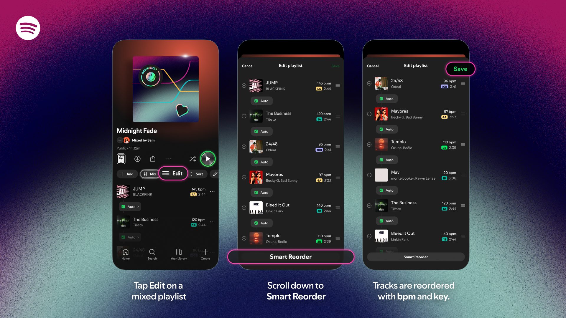 Three smartphones showing how to enable Smart Reorder for Mixed playlists in Spotify
