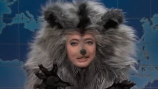 Sarah Sherman dressed up in a raccoon suit on SNL.