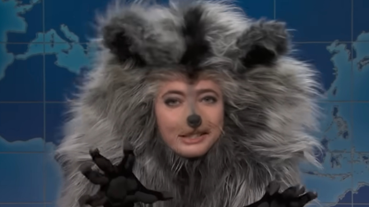 Sarah Sherman dressed up in a raccoon suit on SNL.