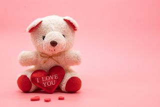 A valentine's day teddy bear with a red, plush heart that says 'I LOVE YOU'