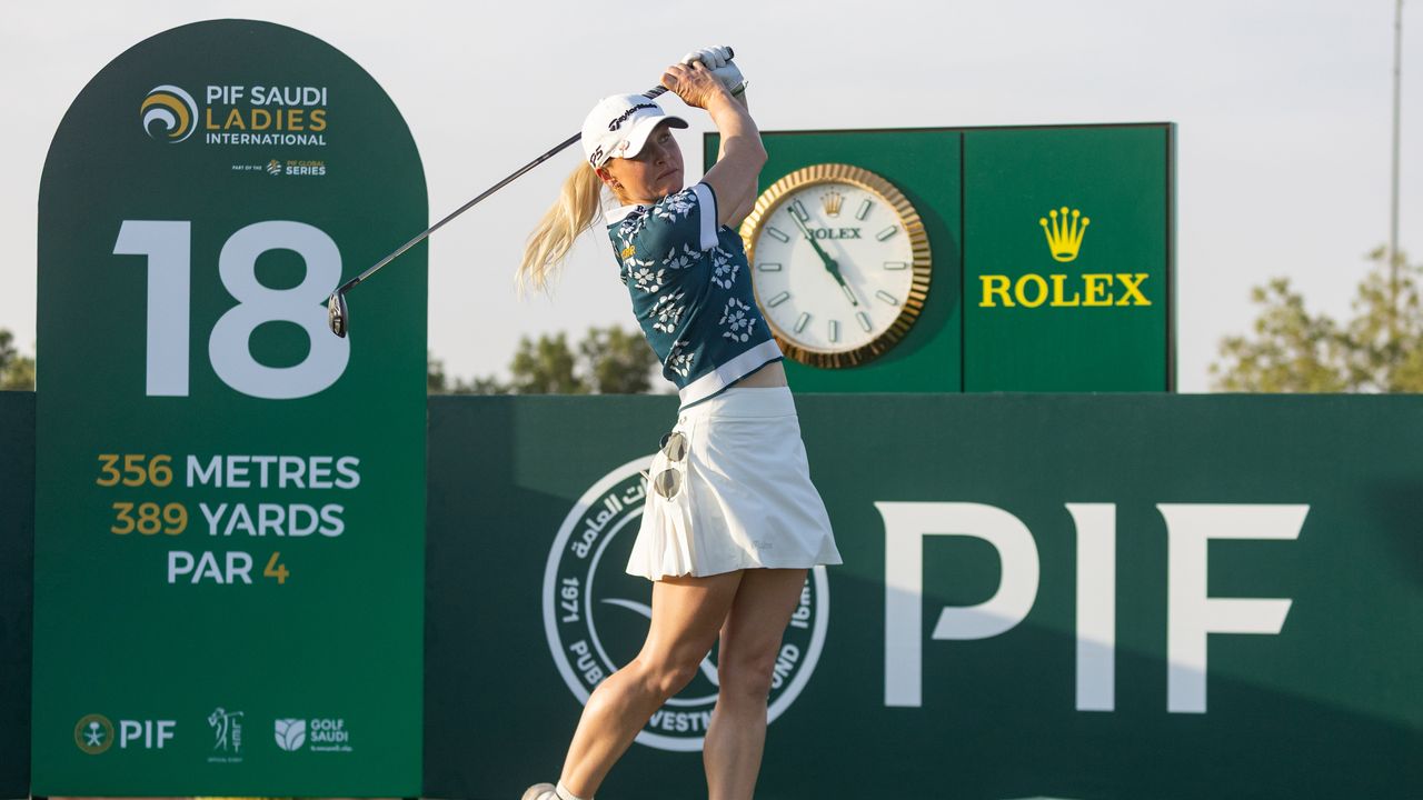 Charley Hull hits a drive off the 18th during the 2026 PIF Saudi Ladies International at Riyadh Golf Club