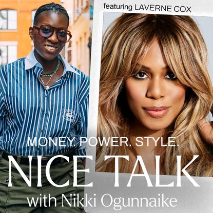 A photo of Nikki Ogunnaike with an inset photo of Laverne Cox and text reading Money. Power. Style. Nice Talk with Nikki Ogunnaike