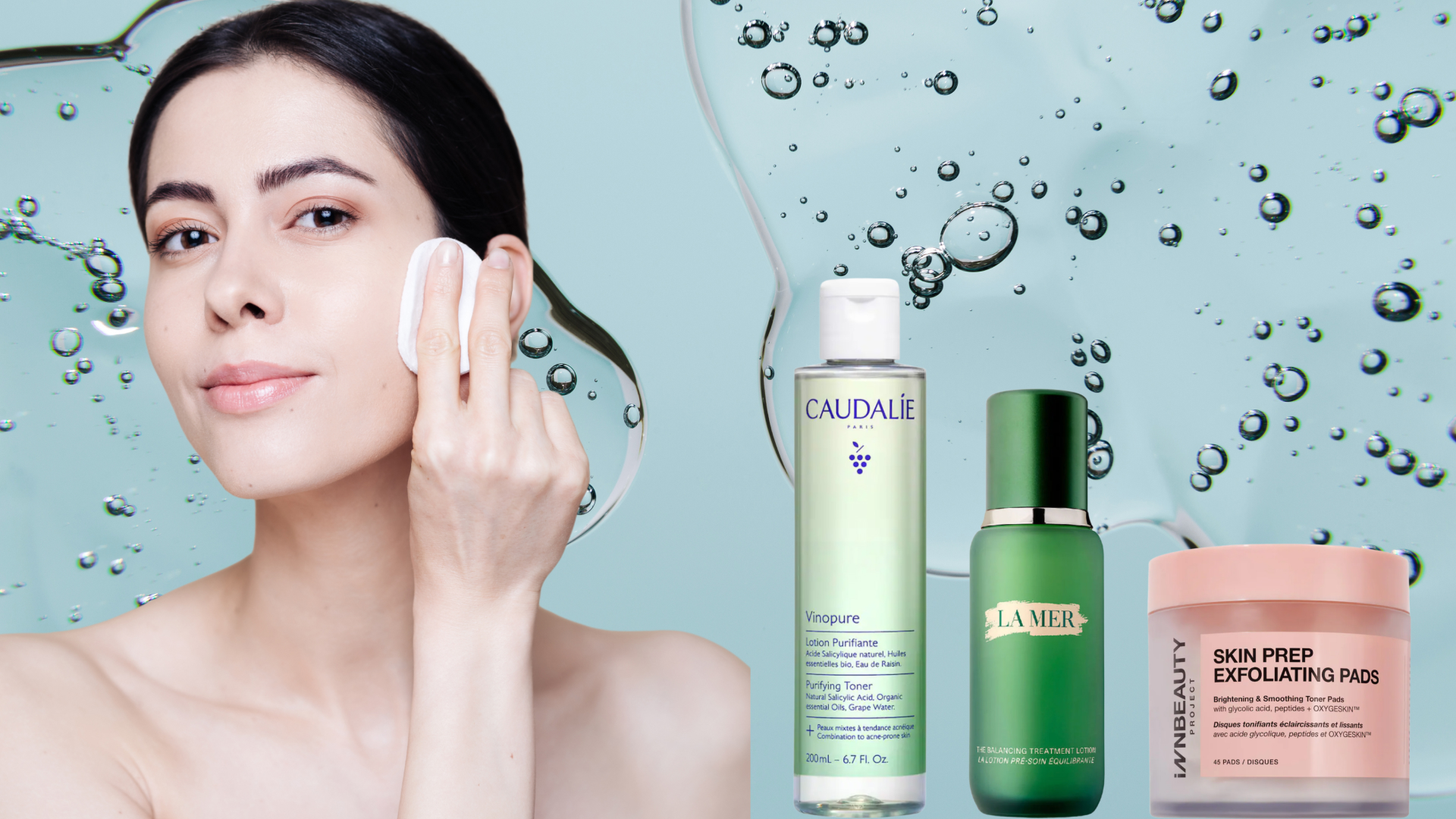 A woman wiping her face with a cotton pad. She is next to three bottles of toners. All images are in front of a blue back ground with a spilled liquid design.