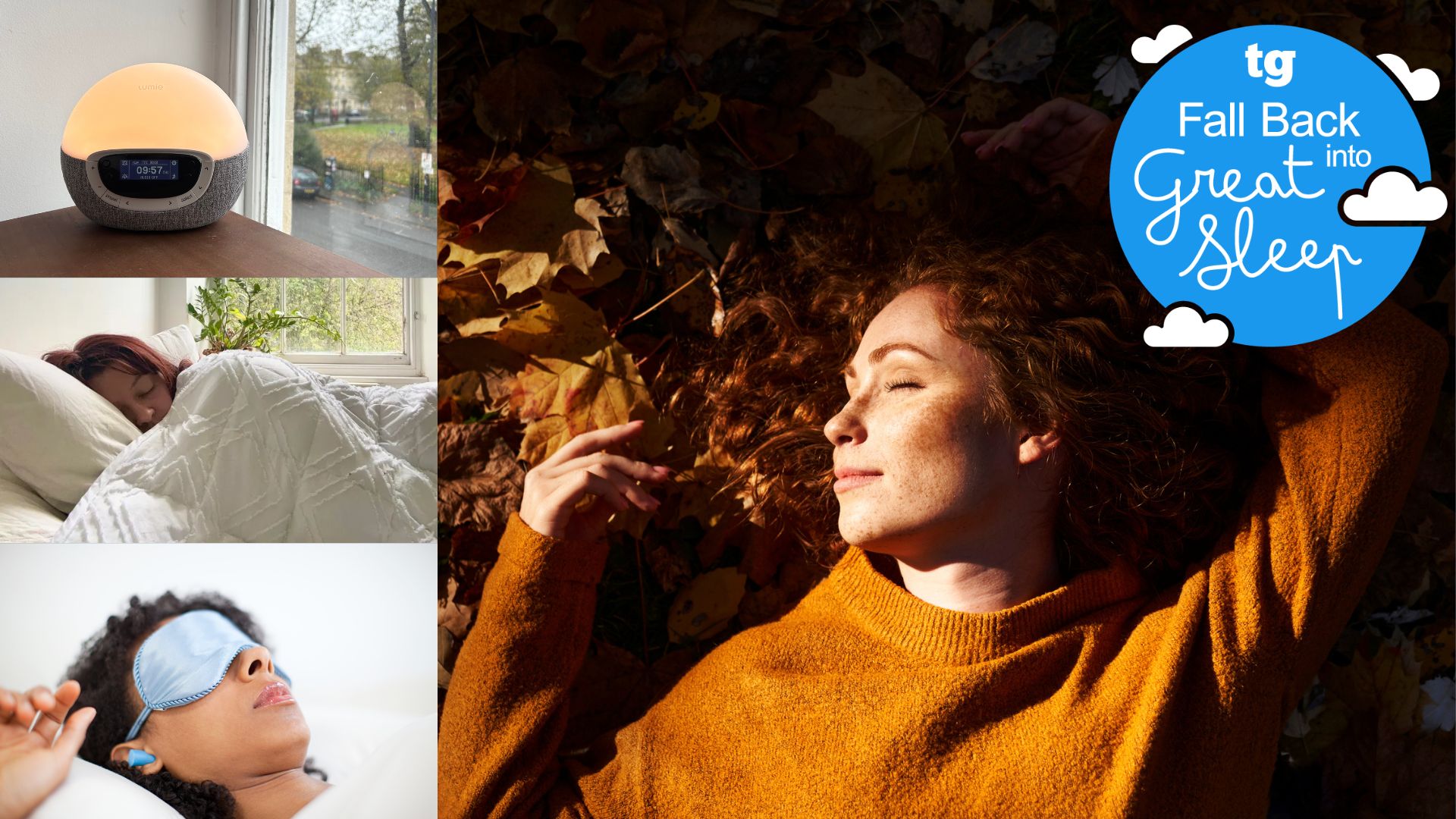 A woman lying on her back in autumn leaves sleeping in an orange jumper, next to three images of the products that help her sleep