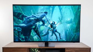 The Samsung QN90D Neo QLED TV, our pick for the best 55-inch Mini-LED TV, displaying 4K content in a living room setting