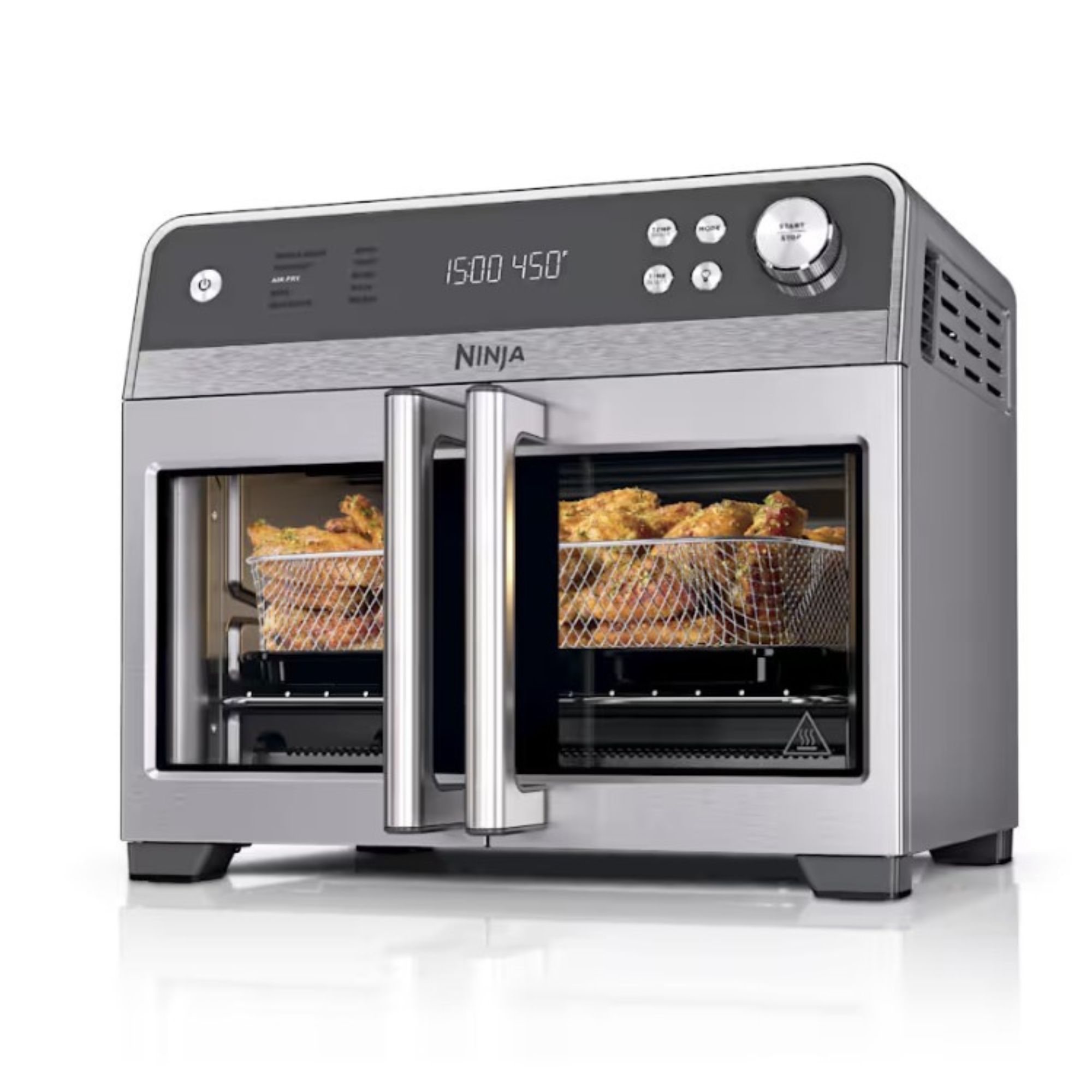 A double door air fryer convection oven unit with glass front doors, and a stainless steel frame