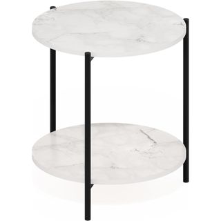 Furinno 2-Tier Marble-Effect Modern Round Side End Table Made with Engineered Wood and Metal Legs