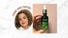 An image of senior beauty editor Rhiannon Derbyshire with glowing skin alongside a photo of her holding the Cetaphil Advanced Defence serum