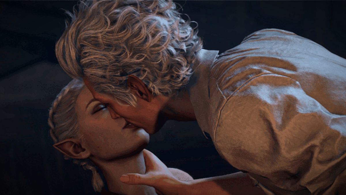 Baldur&#039;s Gate 3 screenshot showing a female elf Tav kissing ascended Astarion, a pale male vampire elf with short curly white hair