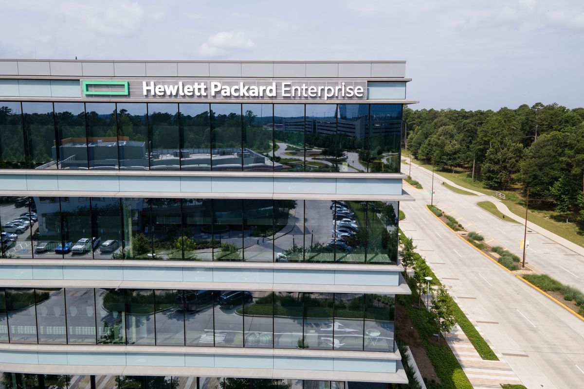 HPE logo and branding pictured on an office building in Spring, Texas, US, on Monday, May 29, 2023